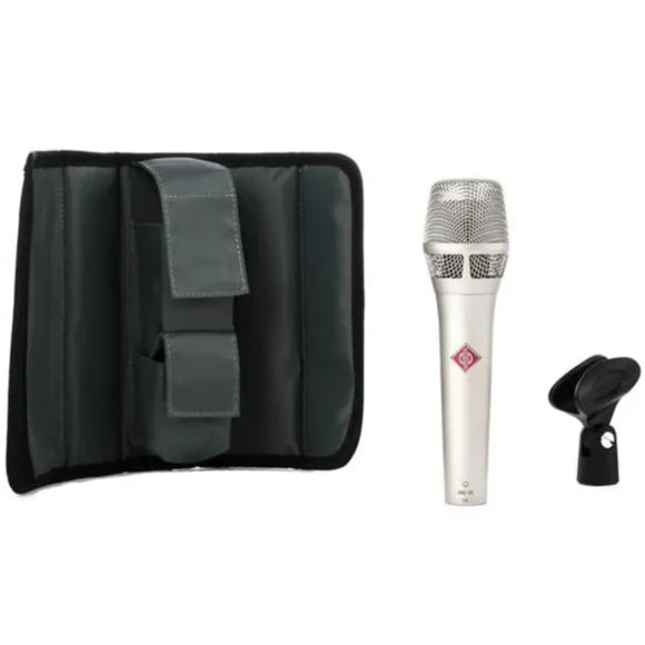Neumann KMS 105 silver condenser microphone with sleek design and professional audio capture, shown in close-up.