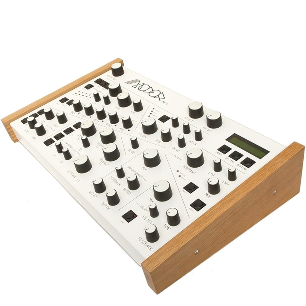 Modor NF-1 desktop synthesizer with knobs and keys, showcasing its compact design and control panel for music production.