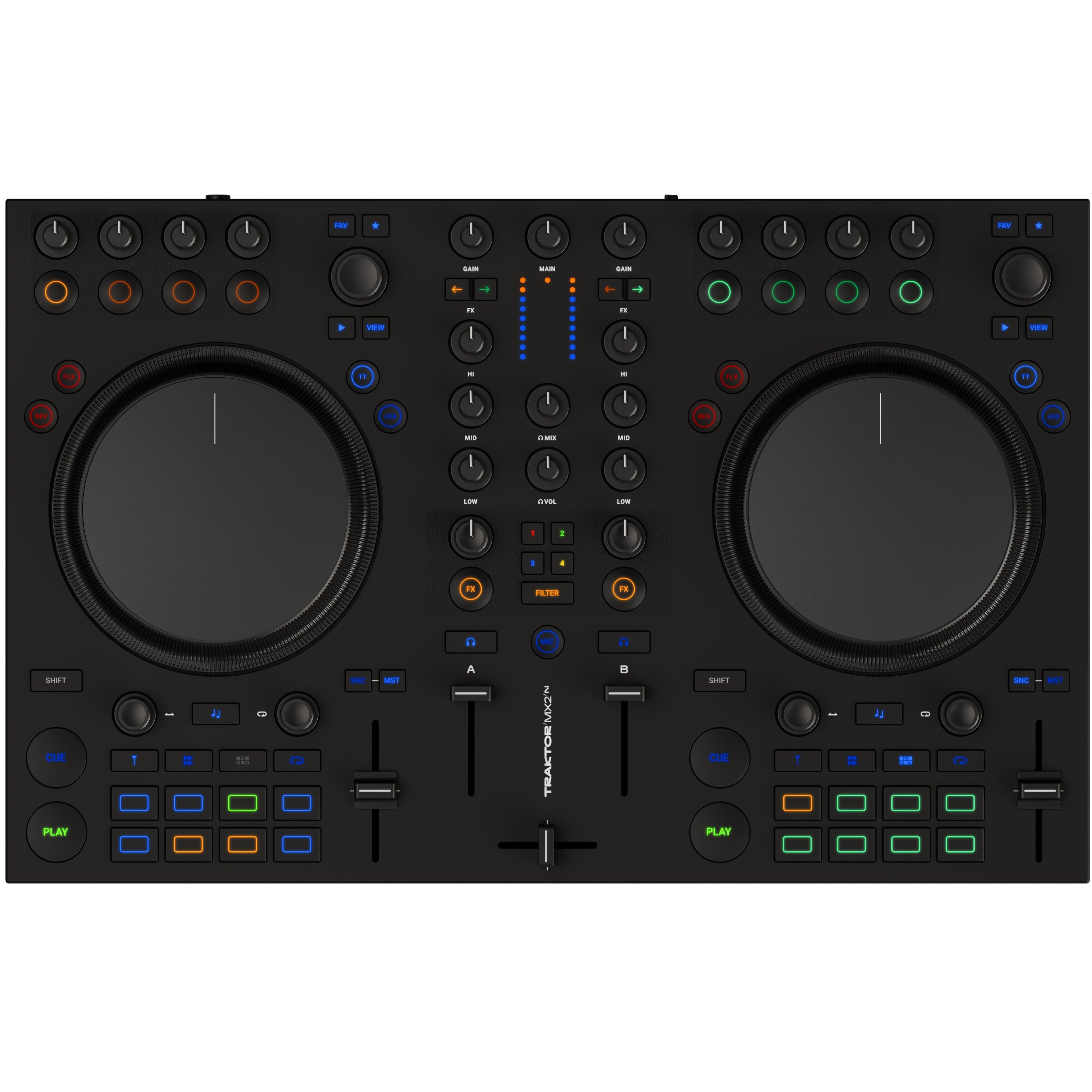 Native Instruments Traktor MX2 DJ controller with knobs, buttons, and jog wheels for professional DJ mixing and performance.