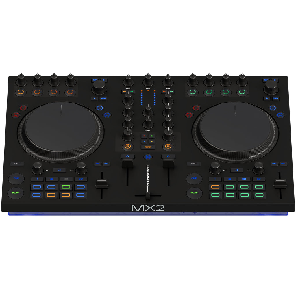Native Instruments Traktor MX2 DJ controller with dual jog wheels, mixer controls, and built-in sound interface for professional DJing.