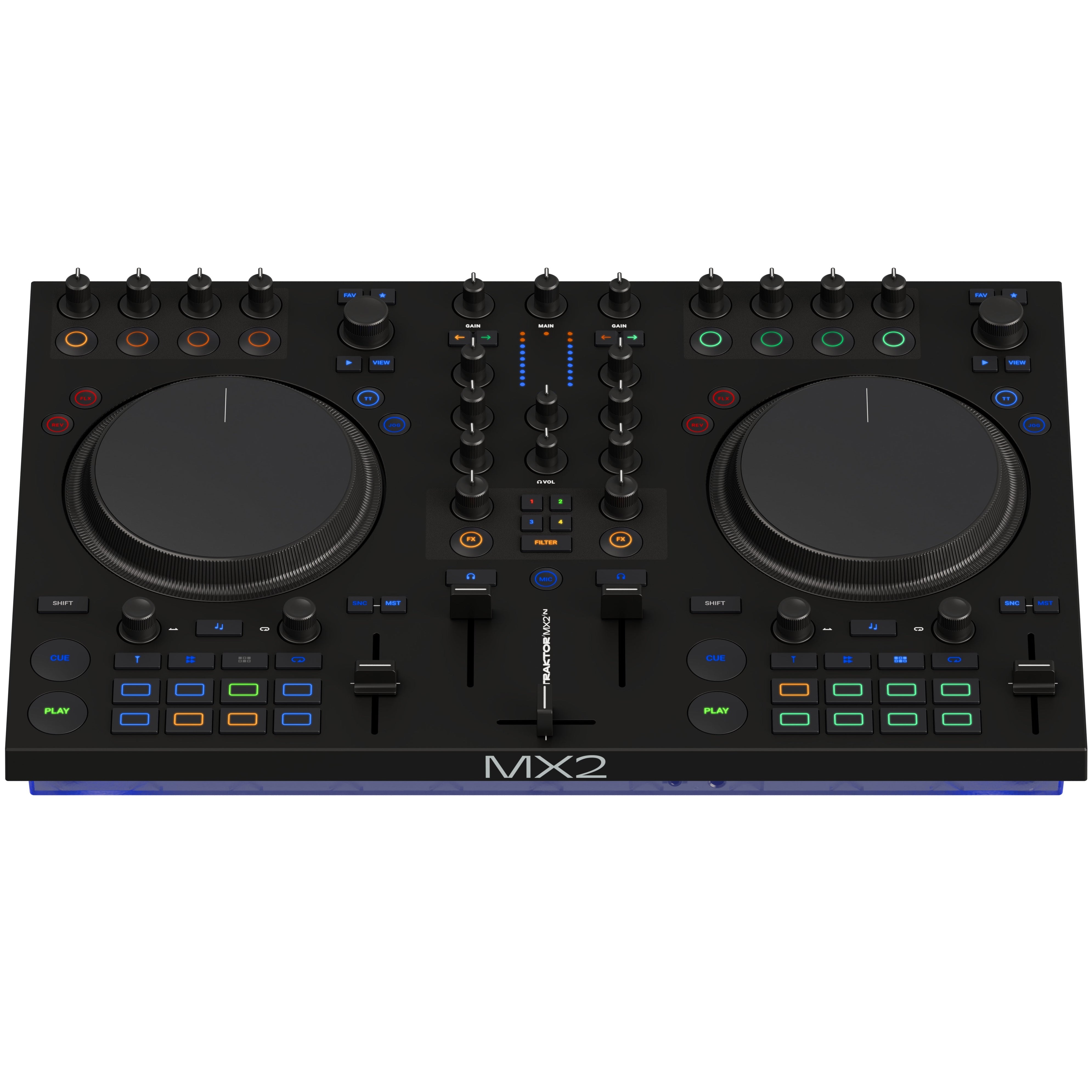 Native Instruments Traktor MX2 DJ controller with dual jog wheels, mixer controls, and built-in sound interface for professional DJing.