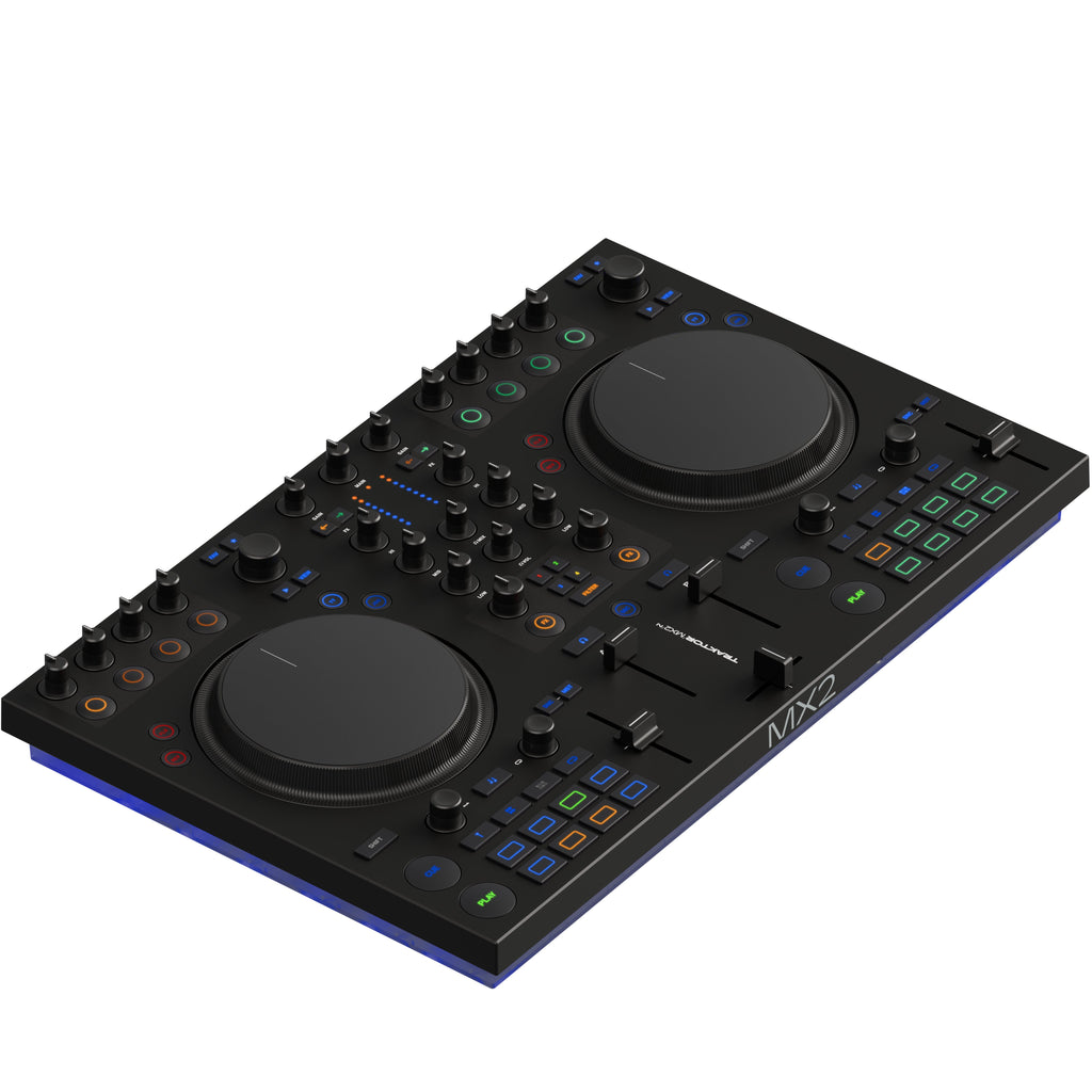 Native Instruments Traktor MX2 DJ controller with dual jog wheels, mixer, and controls for professional DJ mixing.