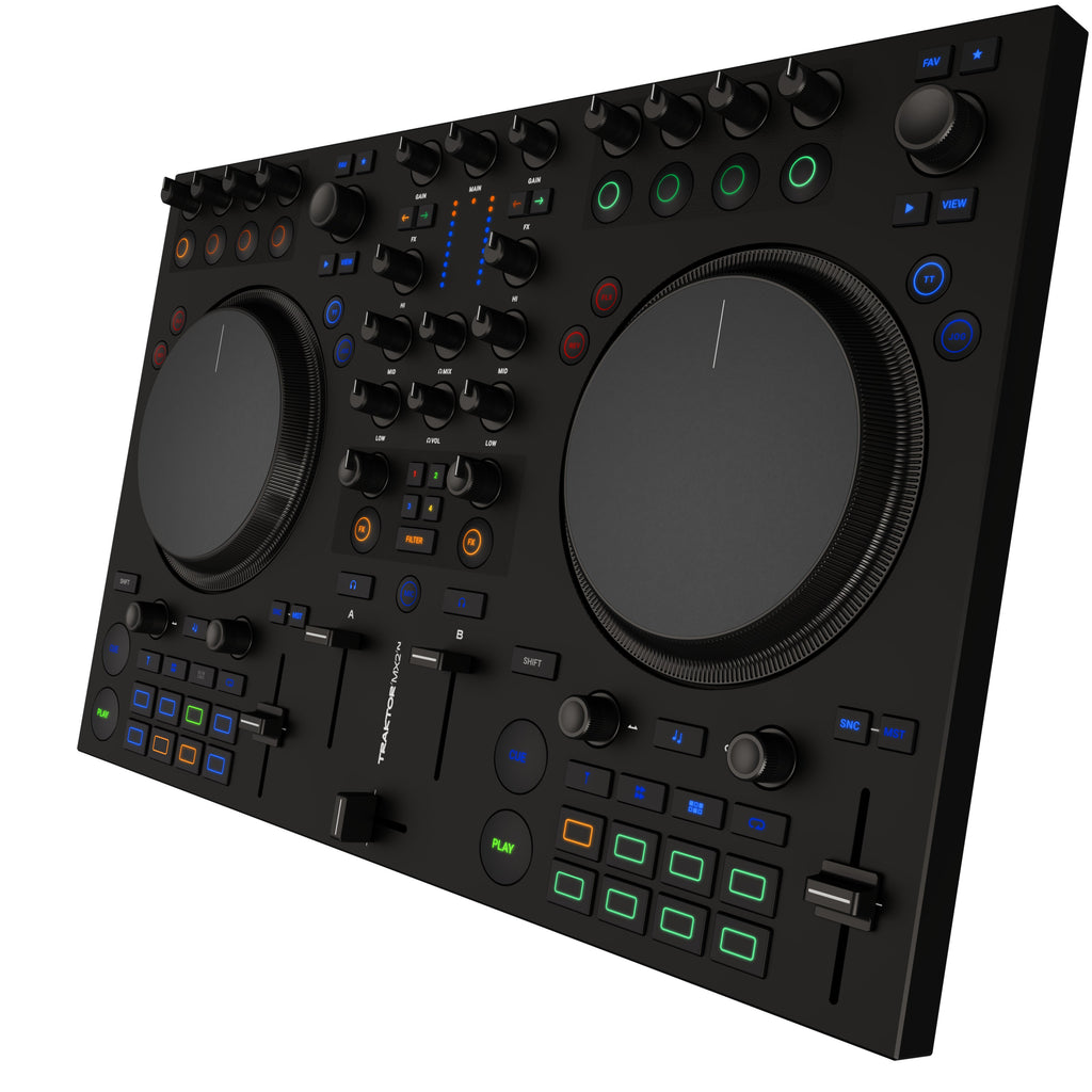 Native Instruments Traktor MX2 DJ controller with jog wheels, mixer knobs, and control buttons for DJing and music mixing.