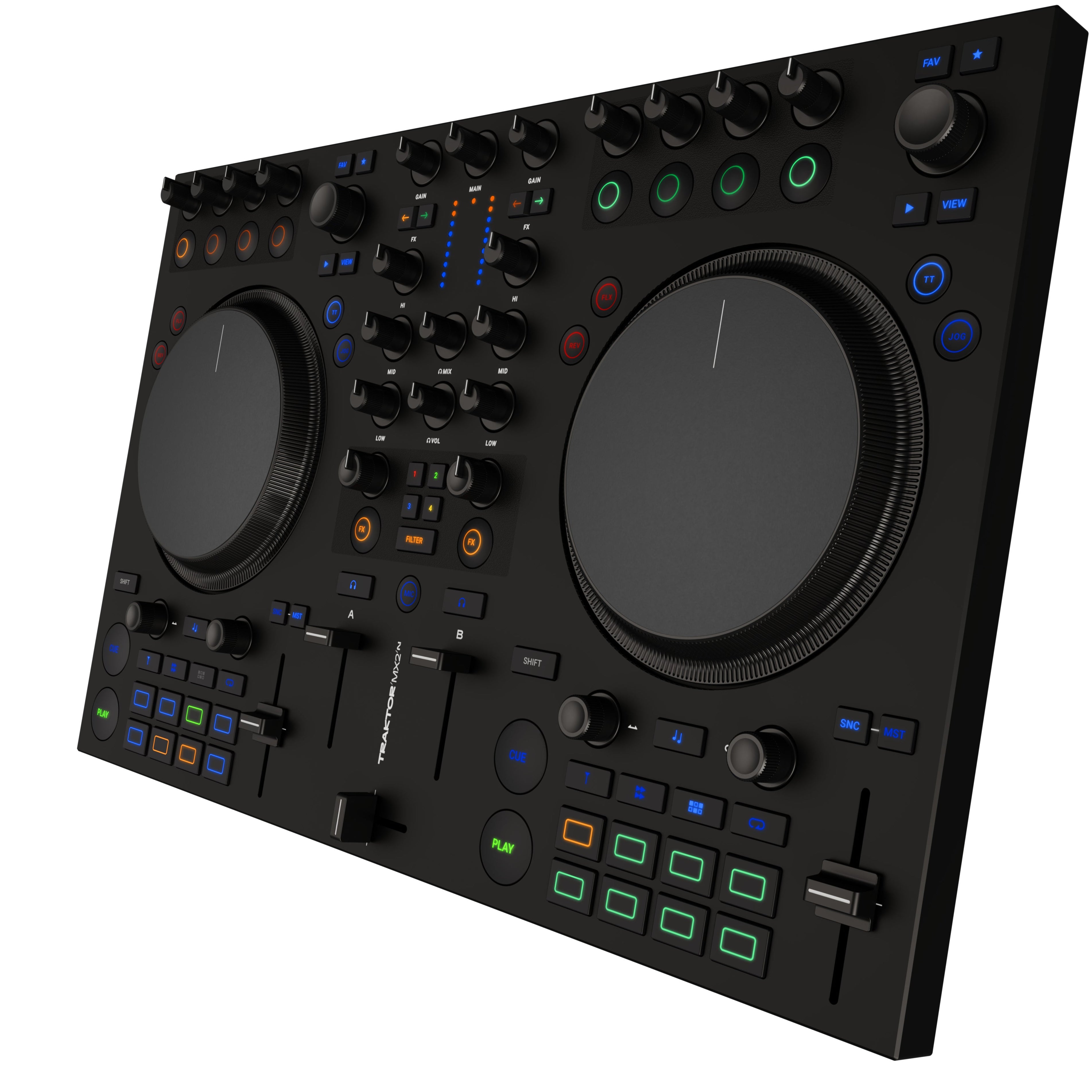 Native Instruments Traktor MX2 DJ controller with jog wheels, mixer knobs, and control buttons for DJing and music mixing.