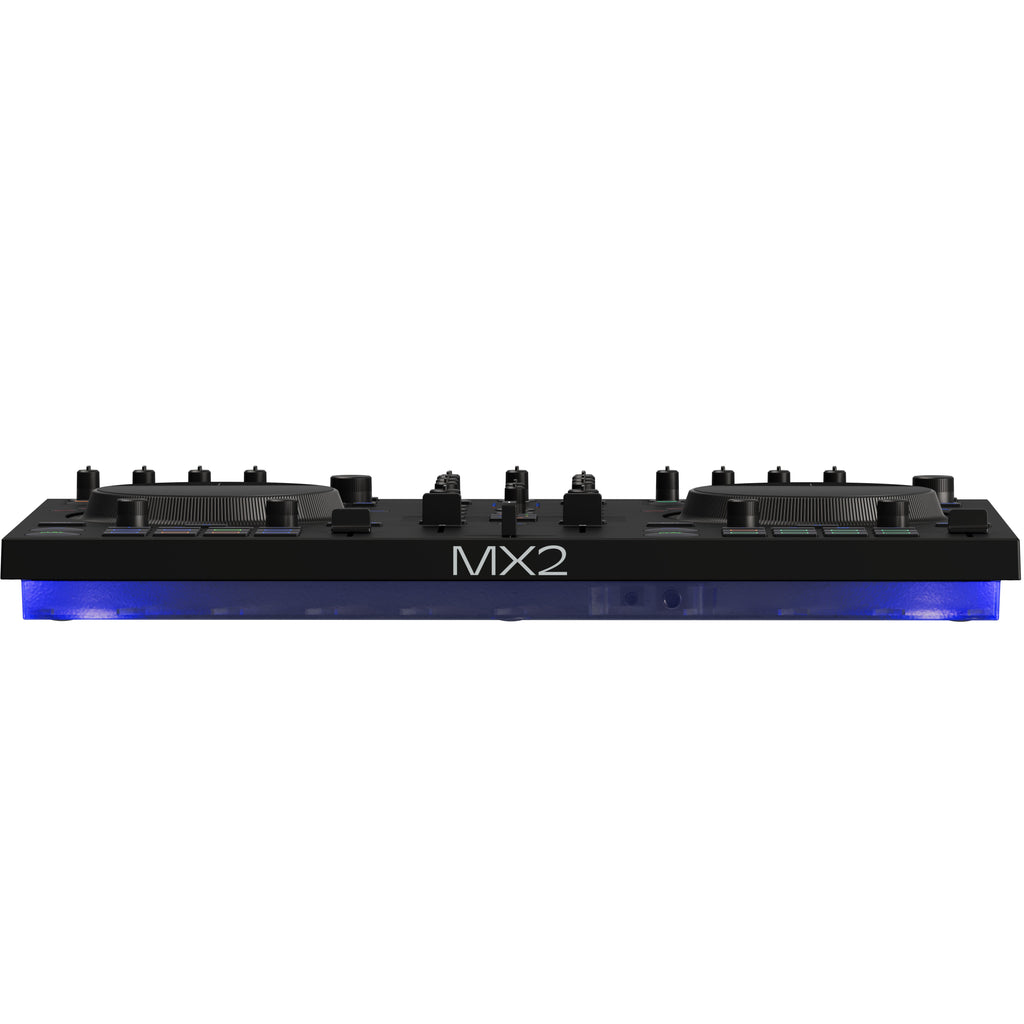 Native Instruments Traktor MX2 DJ controller with dual jog wheels, mixer faders, and illuminated controls for DJ mixing.