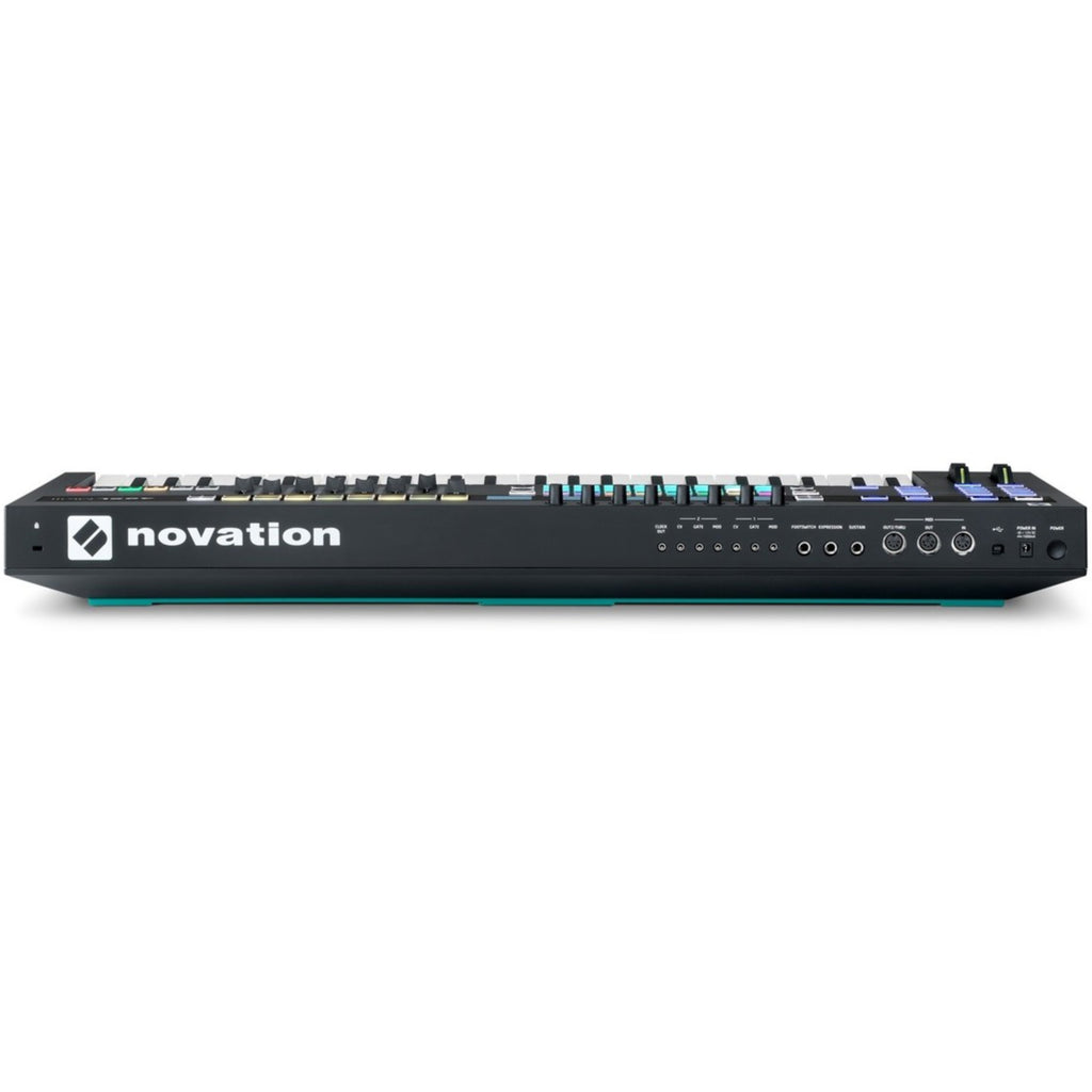 Novation 49SL MK3 MIDI keyboard with 49 keys, control knobs, and buttons for music production and digital instrument control.