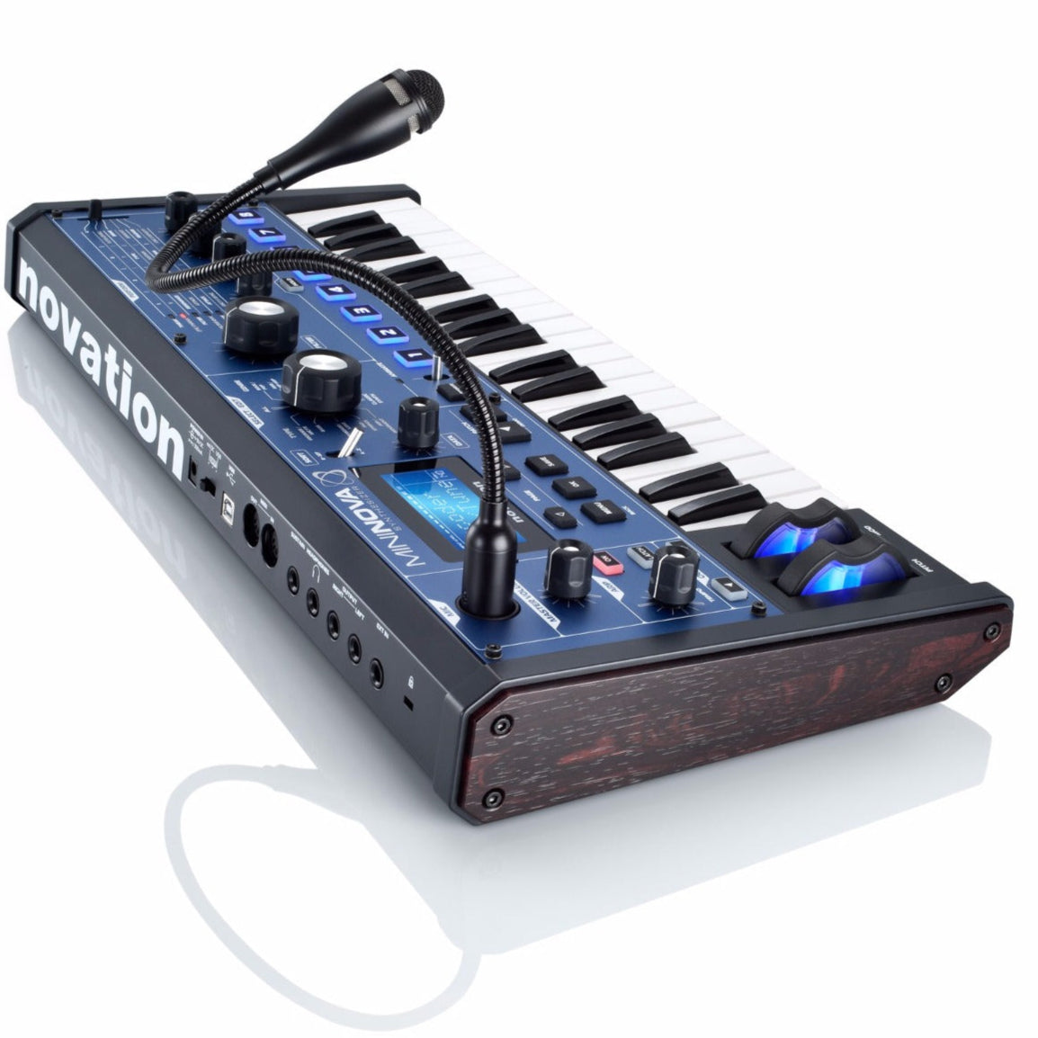Novation MiniNova synthesizer with compact design, control knobs, and keyboard for versatile sound creation and music production.