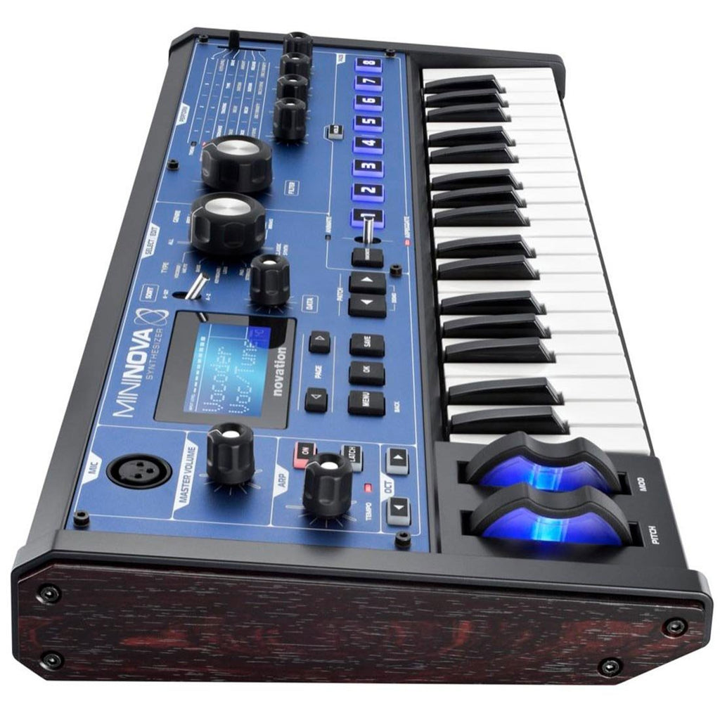 Novation MiniNova synthesizer with colorful control knobs and keyboard, showcasing its compact design and advanced sound features.