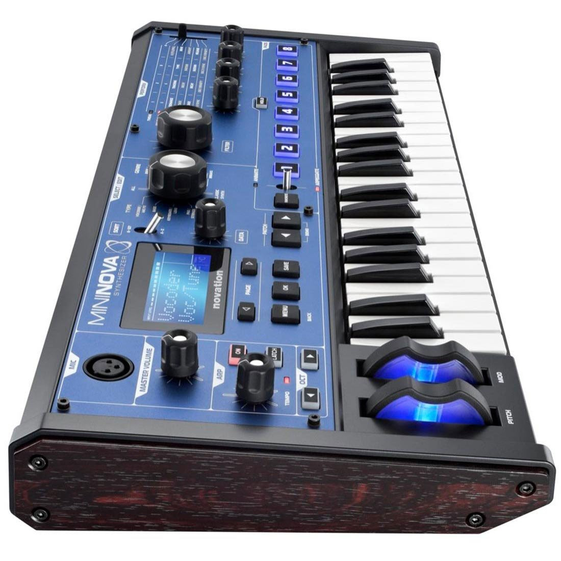 Novation MiniNova synthesizer with colorful control knobs and keyboard, showcasing its compact design and advanced sound features.