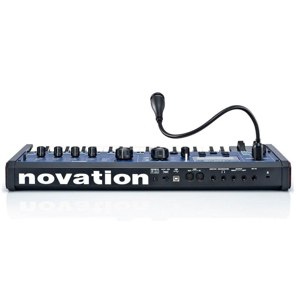 Novation MiniNova synthesizer with colorful control knobs and compact keyboard, showcasing its front panel and controls.