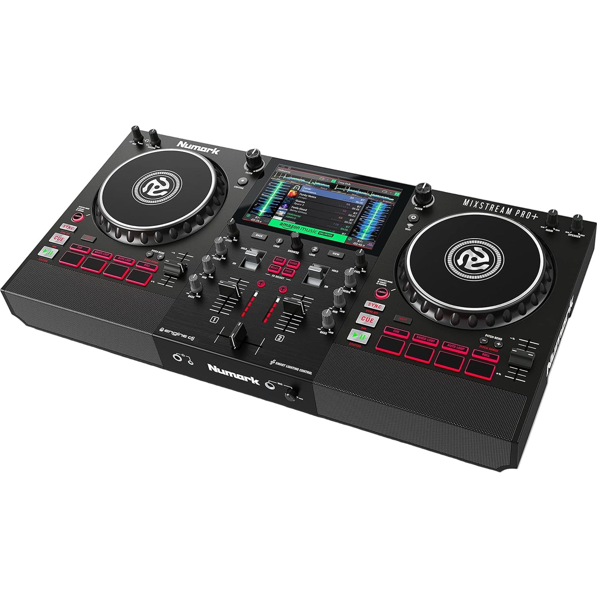 Numark Mixstream Pro+ standalone DJ controller, front view.