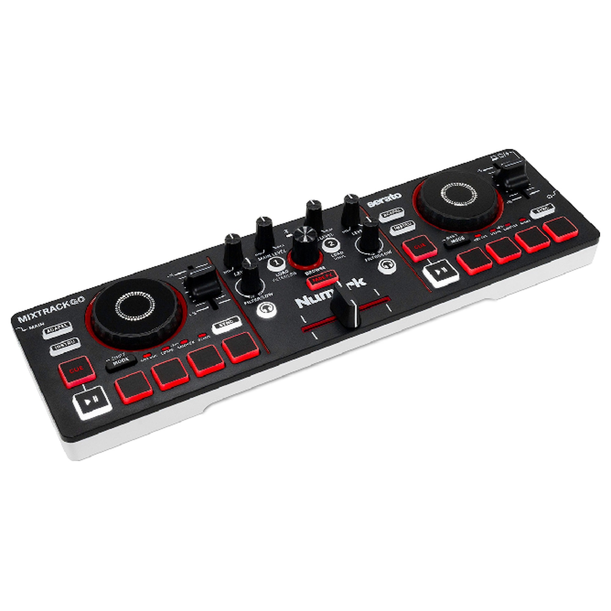 Numark Mixtrack Go DJ controller, angled hero view