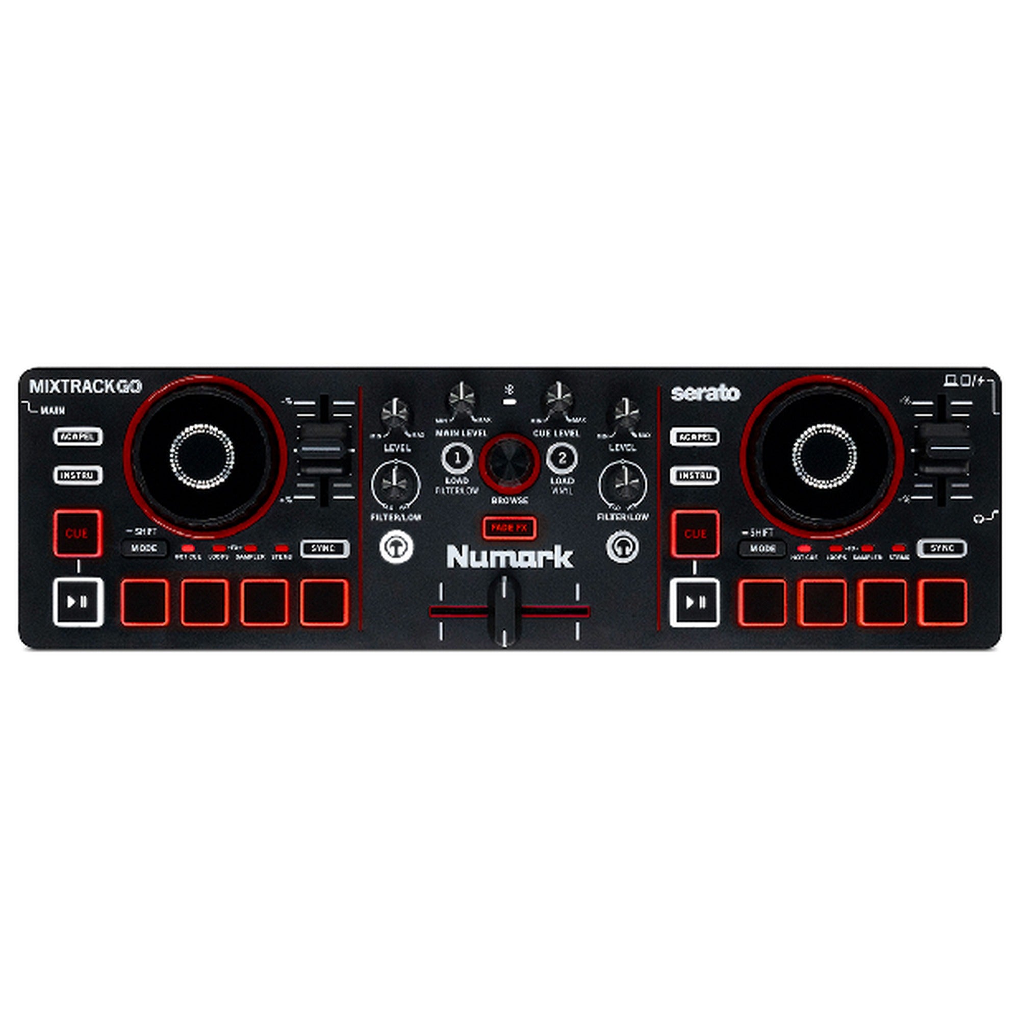 Numark Mixtrack Go, top-down view of the 2-deck layout and mixer section