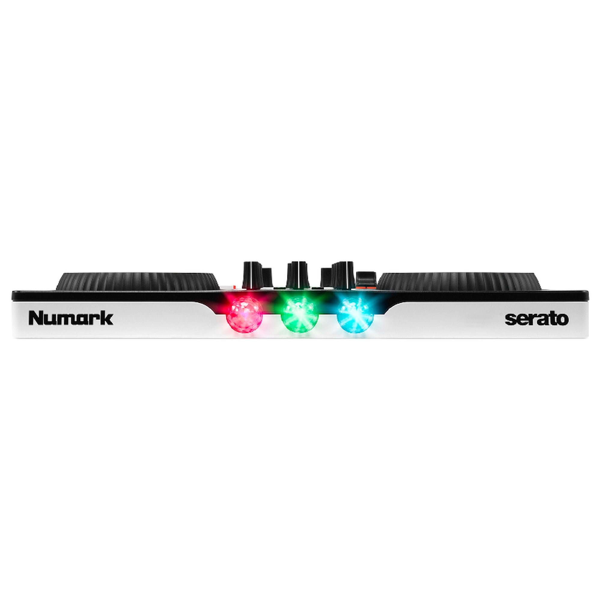 Numark Party Mix III front view showing the beat-synced RGB light show