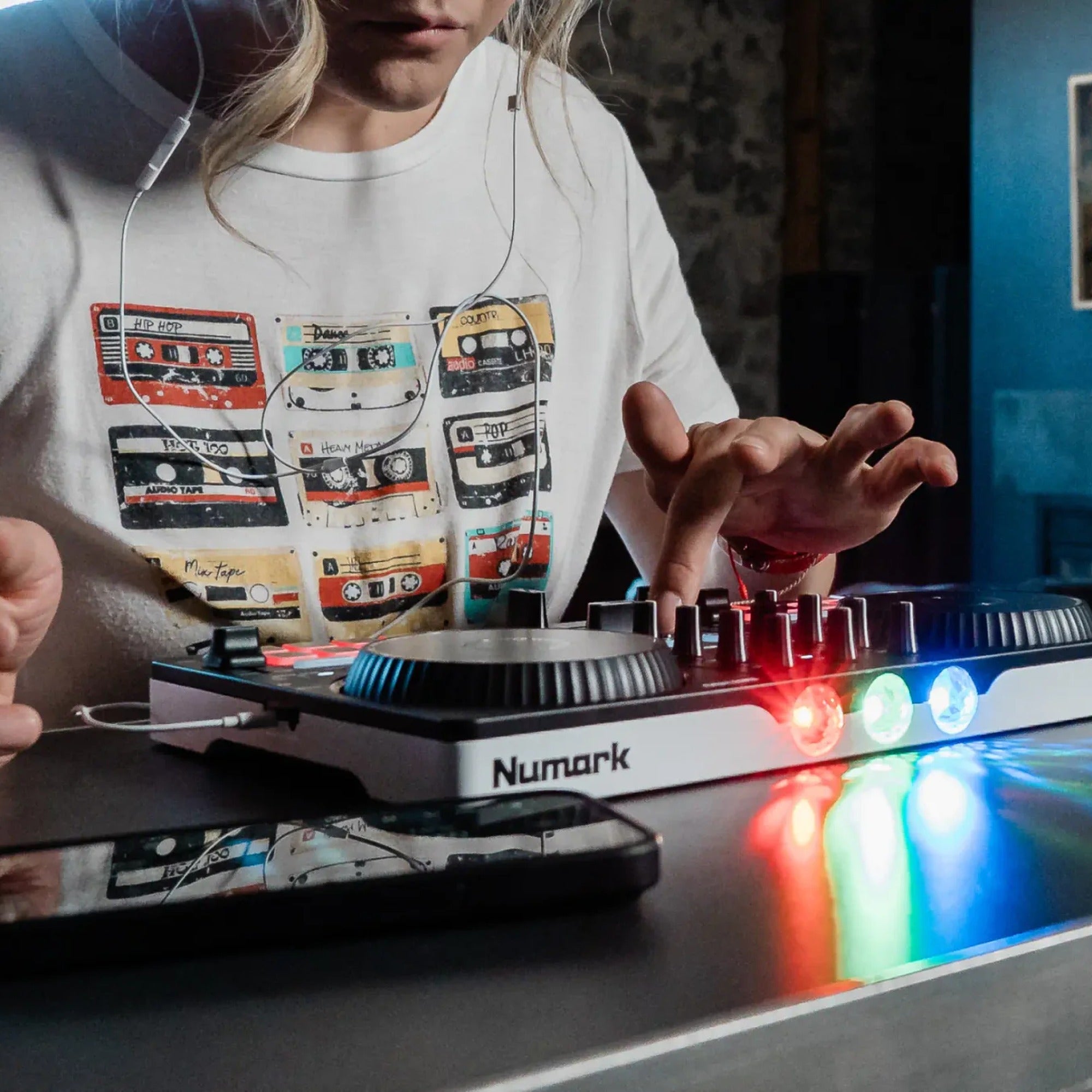 Numark Party Mix III in use at home, beat-synced RGB light show lit up