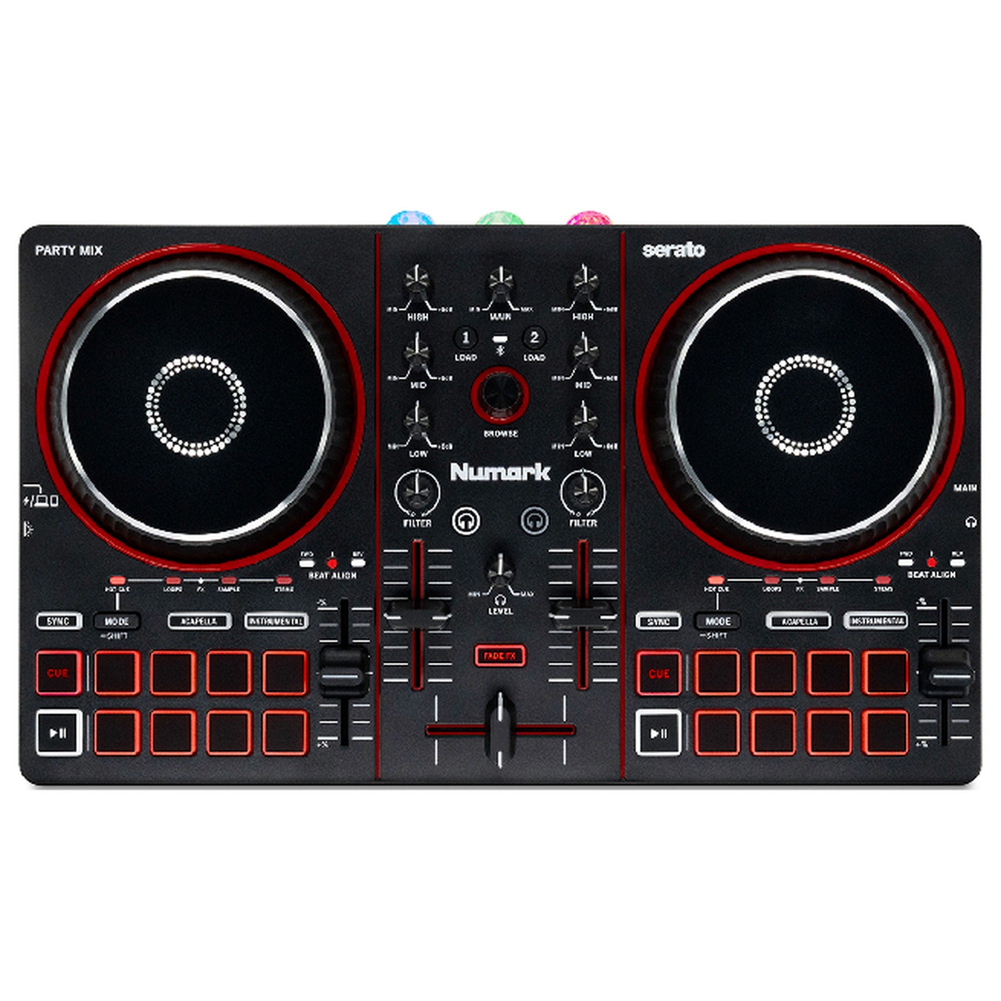 Numark Party Mix III, top-down view of the 2-deck layout and mixer section