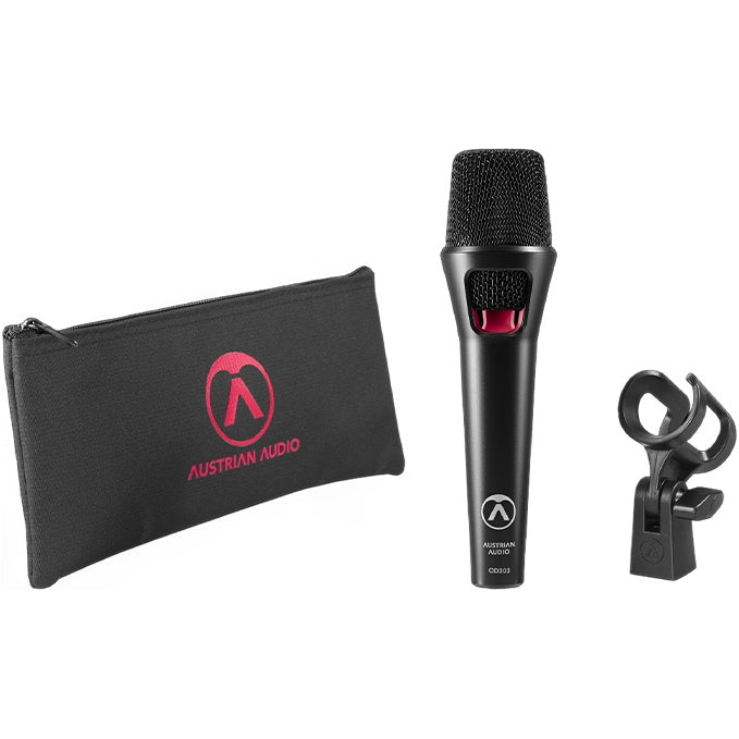 Austrian Audio OD303 dynamic microphone with accessories in a kit, ideal for studio and live sound applications.