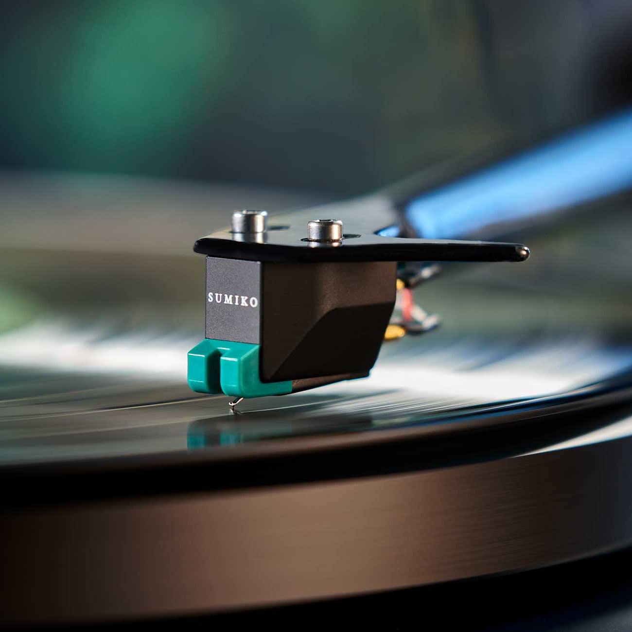 Sumiko Olympia MM phono stylus installed on a turntable cartridge, ready for vinyl playback on a Debut Carbon Evo turntable.