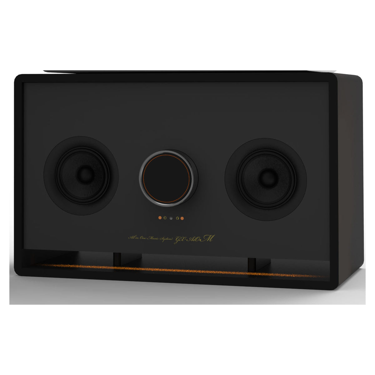 Onkyo GX-AiO 100 with grille removed, dual main drivers, control ring and illuminated bass duct