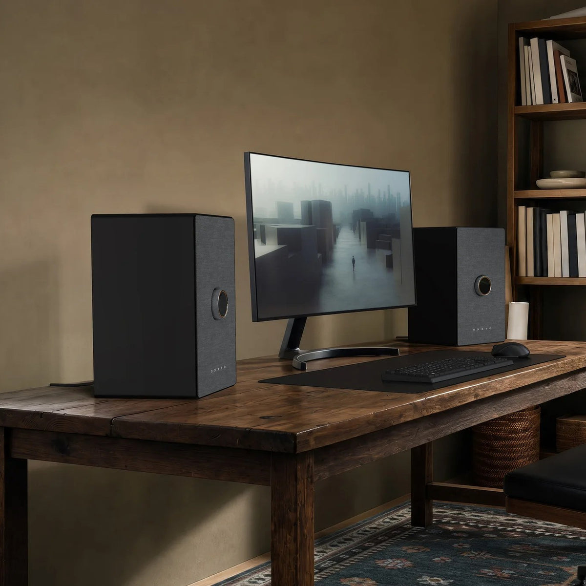Onkyo GX-AiO 150 pair in black on a wooden desk, flanking a monitor