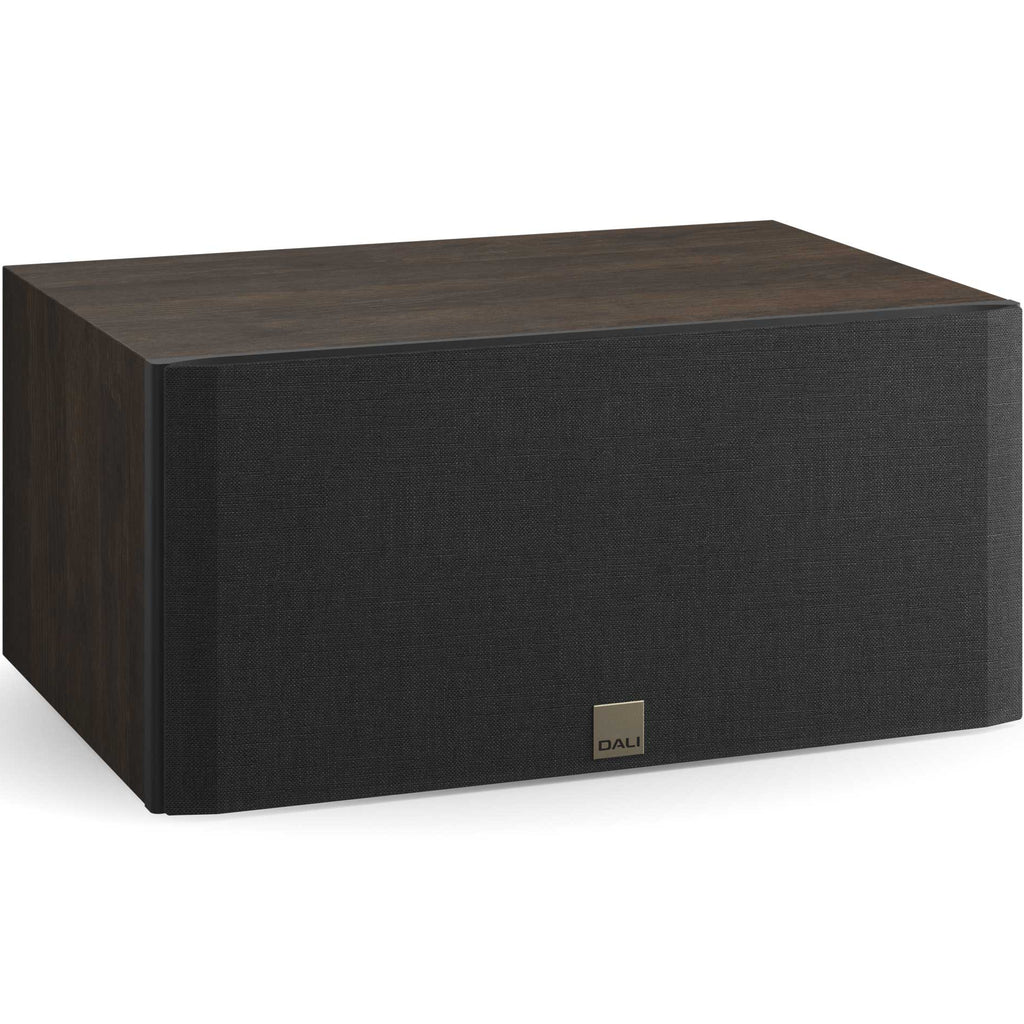 DALI Opticon Vokal MK2 center speaker in oak wood finish with sleek design and speaker grille visible.