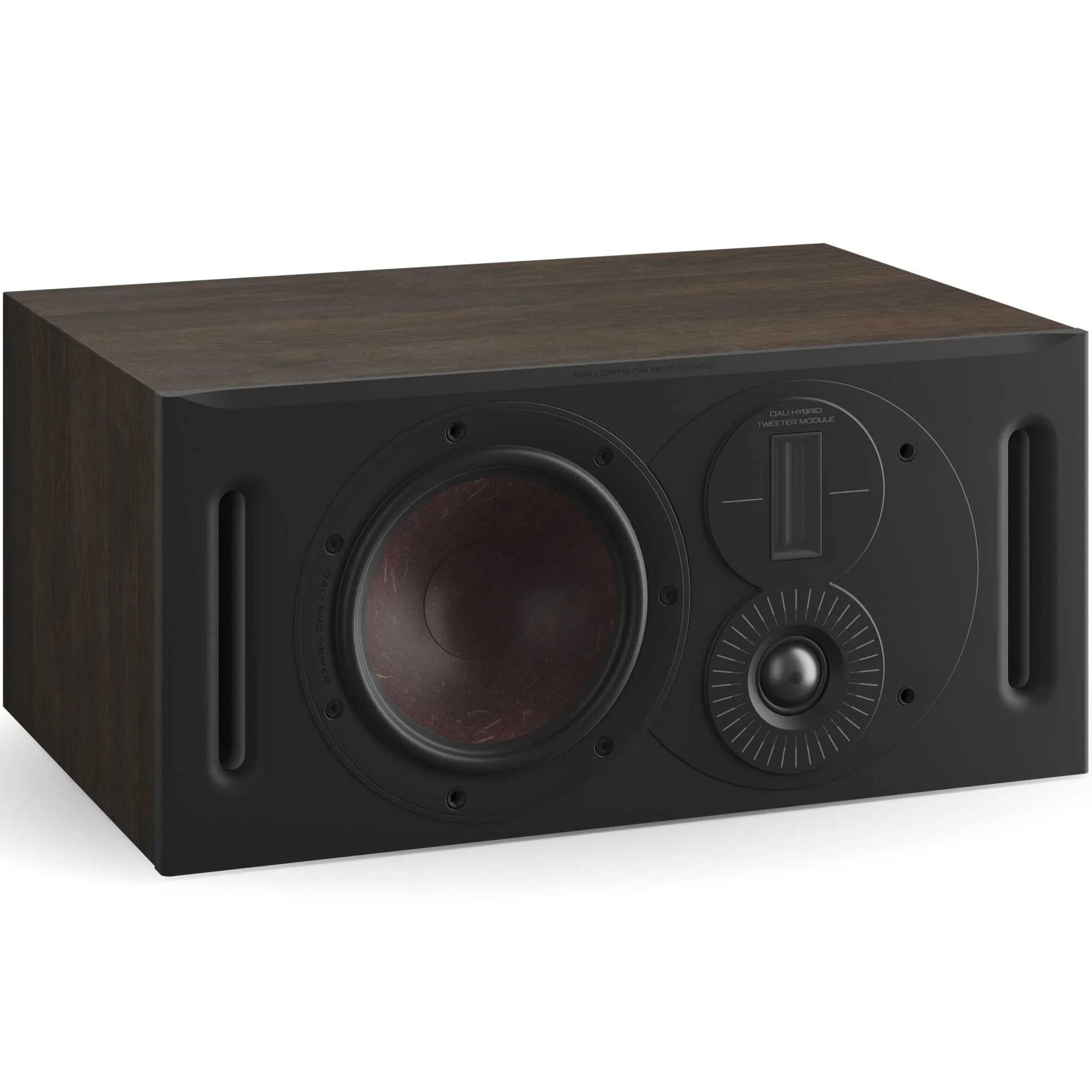 DALI Opticon Vokal MK2 center speaker in walnut finish, showcasing its sleek design and front grille for home theater audio.