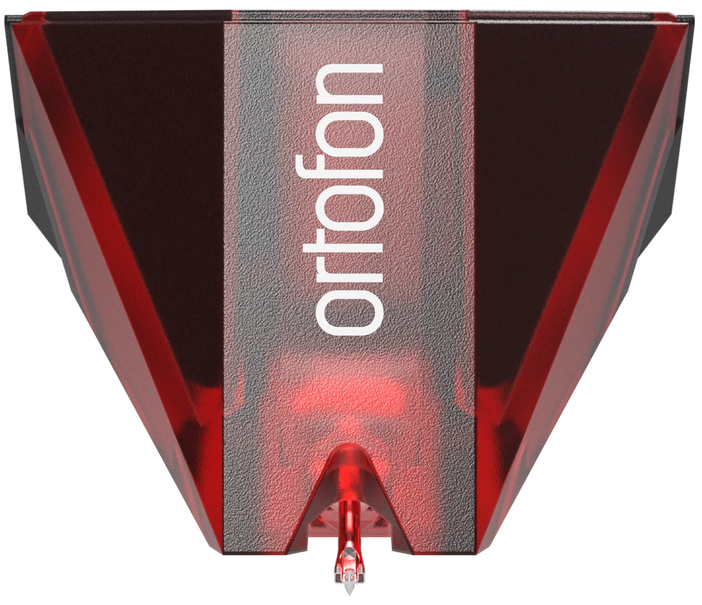 Ortofon 2MR Red turntable cartridge with red stylus and body, designed for high-quality audio playback on turntables.