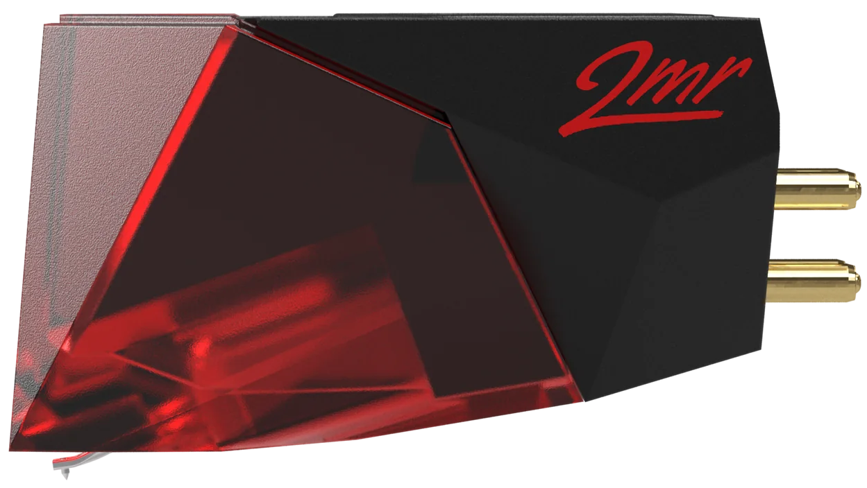 Ortofon 2MR Red turntable cartridge with red stylus and side view, designed for high-quality vinyl record playback.