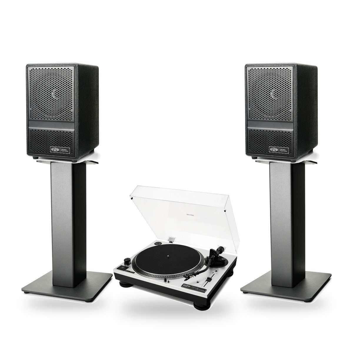 Vestlyd Vinyl Setup: Pro T1 turntable in Silver with M6C Active speakers in Black on M-Stands