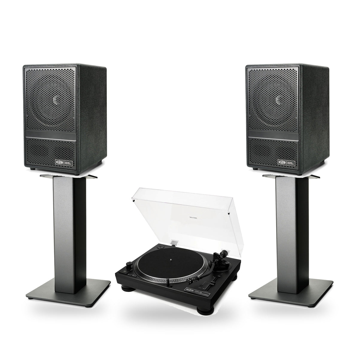 Vestlyd Vinyl Setup: Pro T1 turntable in Black with M8C Active speakers in Black on M-Stands