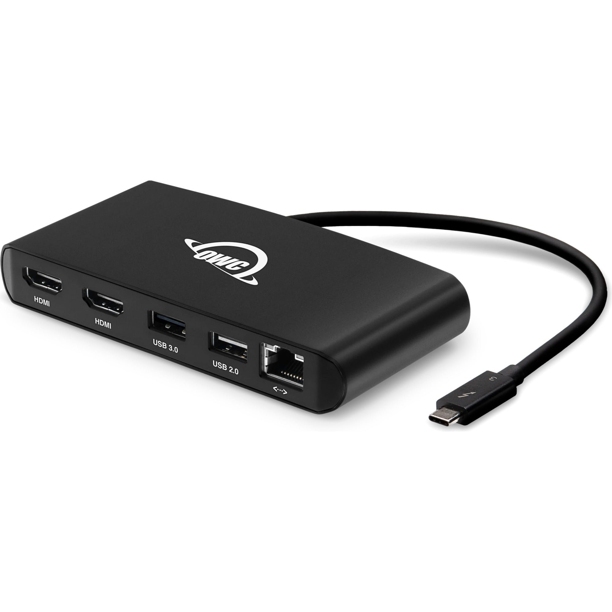 OWC Thunderbolt Mini Dock connected to a laptop, showing multiple ports for USB, HDMI, and power, compact and versatile docking station.