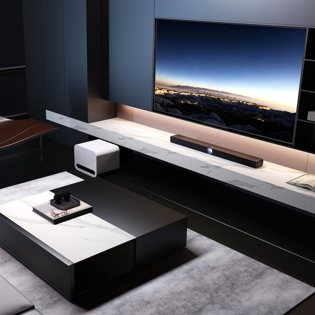 WiiM Bar Matte White in a modern living room