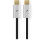 Bang & Olufsen Beoplay H100 wireless headphones with black fabric cable, shown in packshot with close-up detail.