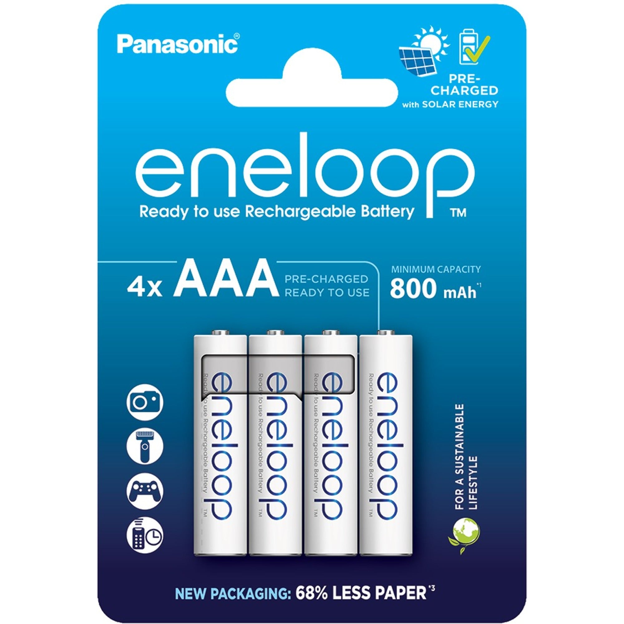Panasonic Eneloop AAA batteries, 800mAh, set of 4, rechargeable universal batteries for electronic devices.