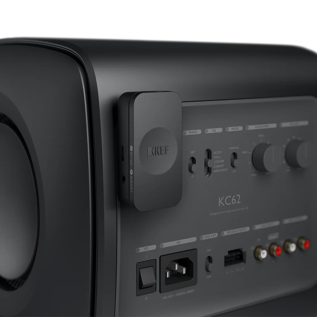 KEF KW2 RX soundbar receiver with sleek black design and multiple audio ports, designed for high-quality TV sound.