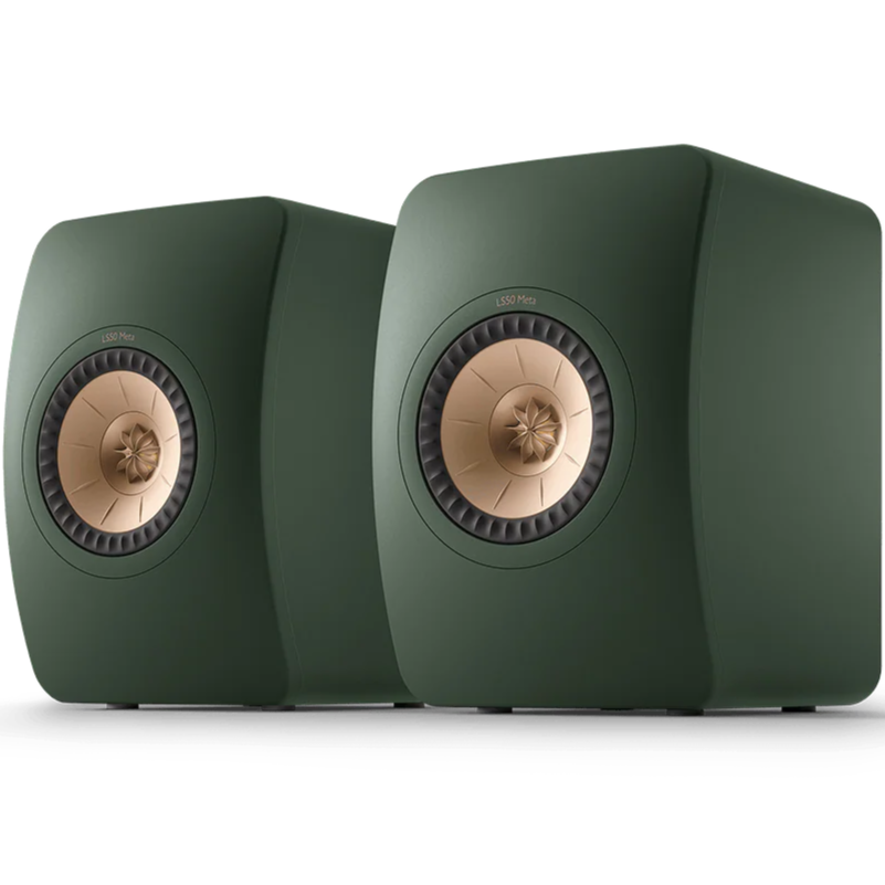 KEF LS50 Meta passive bookshelf speakers with sleek black finish and front grille, designed for high-quality home audio.