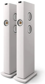 KEF LS60 Wireless floorstanding speakers with sleek black finish and modern design, showing multiple speaker drivers and clean aesthetic.