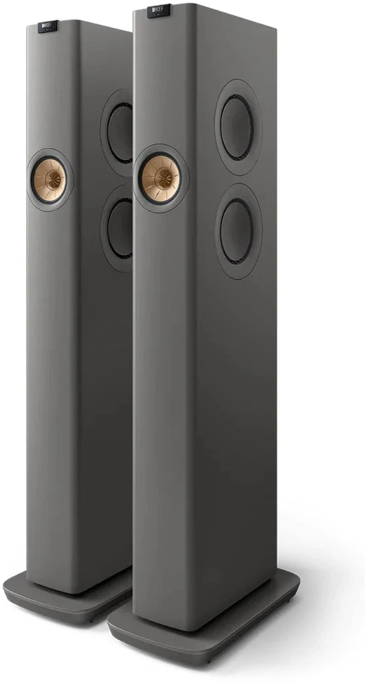 KEF LS60 Wireless floorstanding speakers with sleek black finish, showcasing their modern design and speaker drivers.