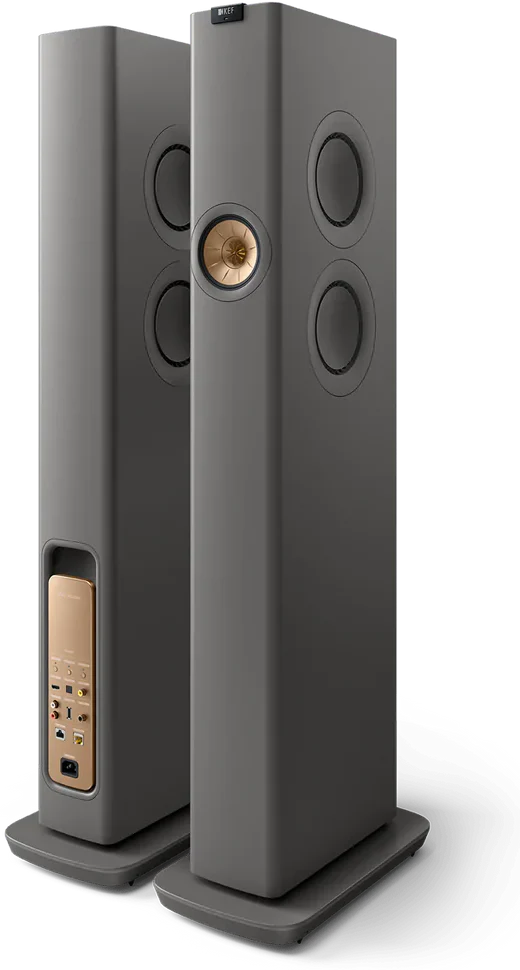 KEF LS60 Wireless floorstanding speakers with sleek black finish, showcasing their modern design and speaker grille details.