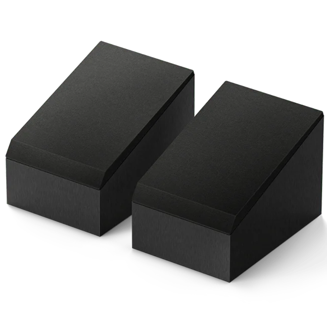 KEF Q8 Meta Dolby Atmos speakers showing sleek black design with grille covers and side panels for immersive sound experience.