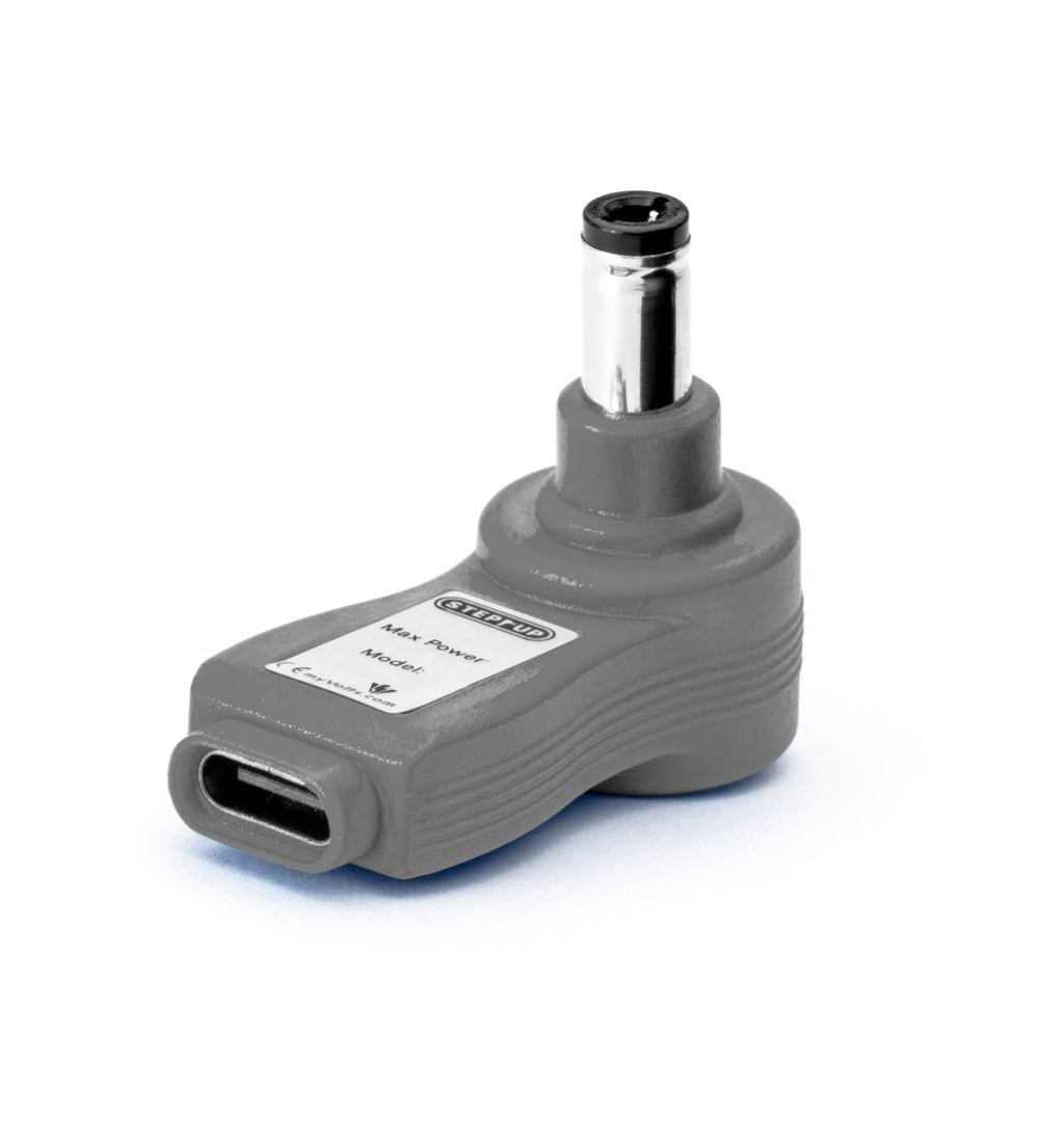 myVolts USB-C PD step-up tip showing 20V output with 2.1mm and 2.5mm tips for power adapters on a white background