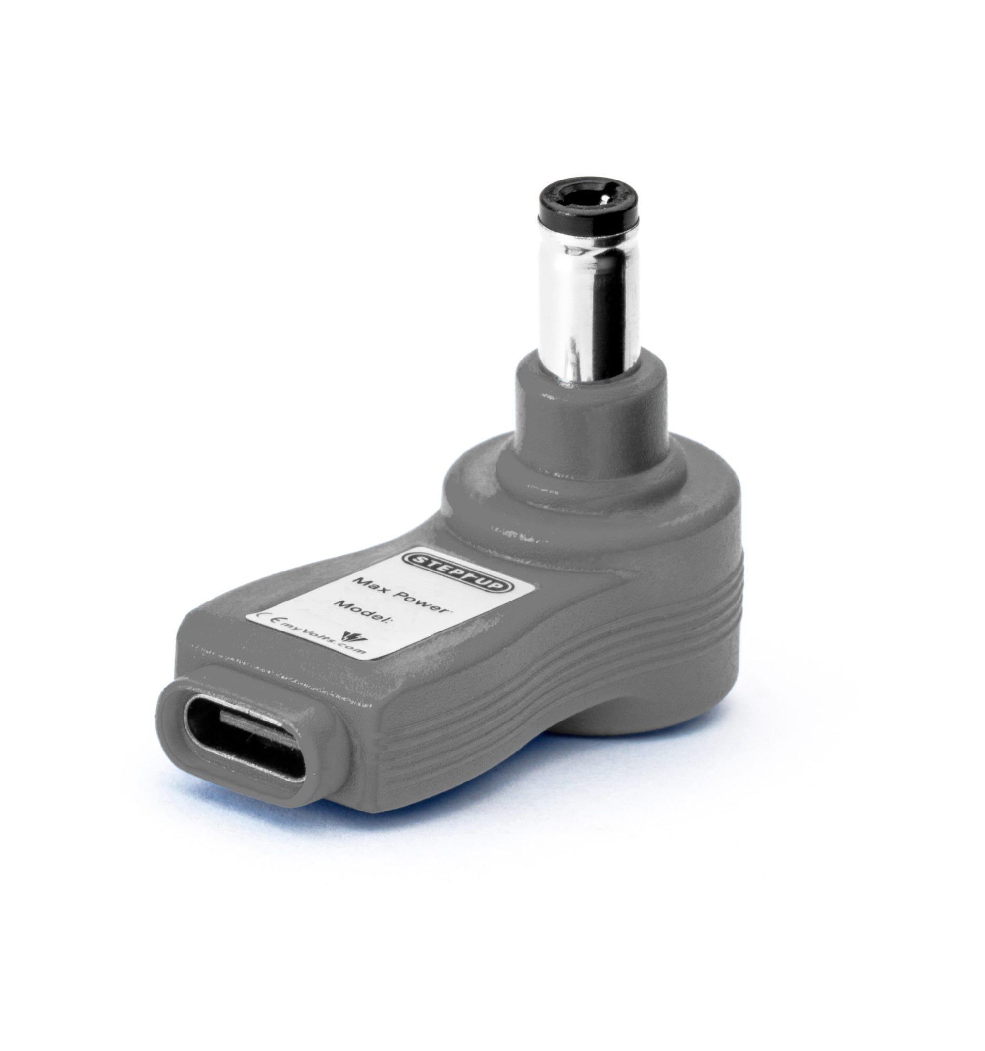 myVolts USB-C PD step-up tip showing 20V output with 2.1mm and 2.5mm tips for power adapters on a white background