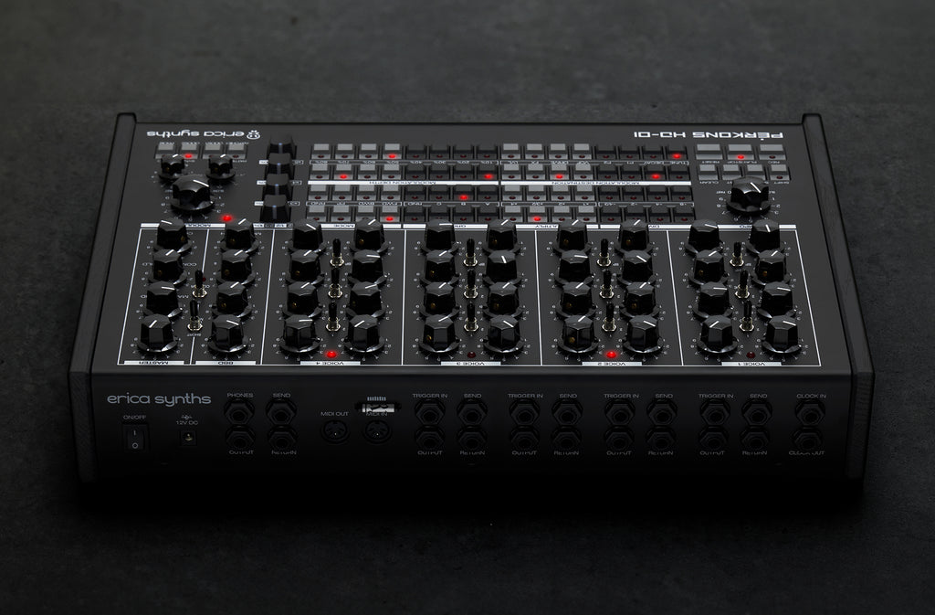 Black Erica Synths Perkons HD-01 drum machine and sampler with control knobs and display, designed for electronic music production.
