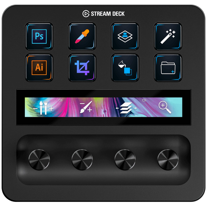 Elgato Stream Deck+ video editing controller with customizable LCD keys for streamers and content creators.