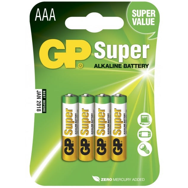 Four GP Batteries LR3 AAA alkaline batteries, standard size, with silver and black casing, suitable for various electronic devices.