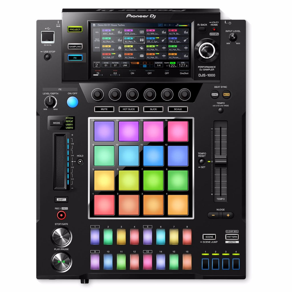 Pioneer DJ DJS-1000 DJ sampler media player with touch interface and controls, shown in a close-up image.