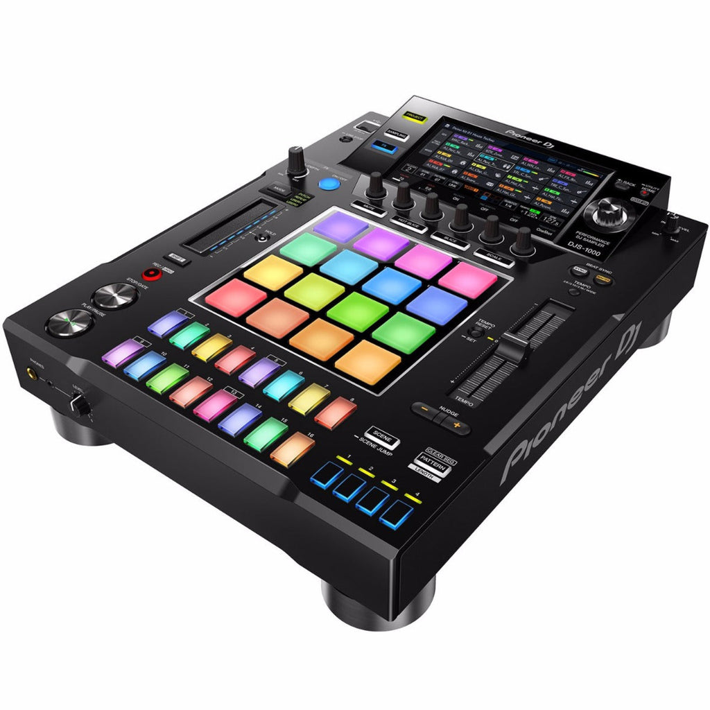 Pioneer DJ DJS-1000 DJ sampler media player with touchscreen interface and multiple control buttons, used for live electronic music performances.