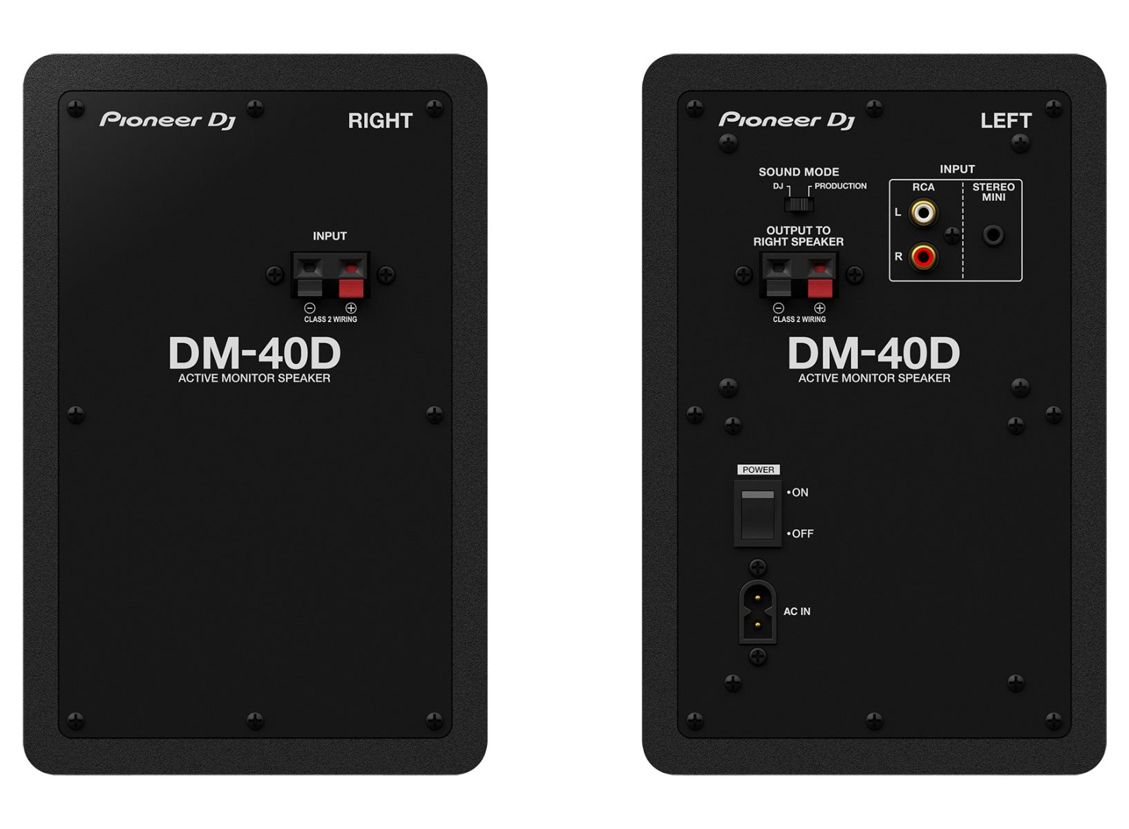 Pioneer DJ DM-40D desktop monitors, rear view in black