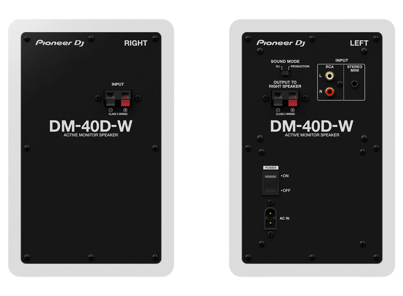 Pioneer DJ DM-40D desktop monitors, rear view in white