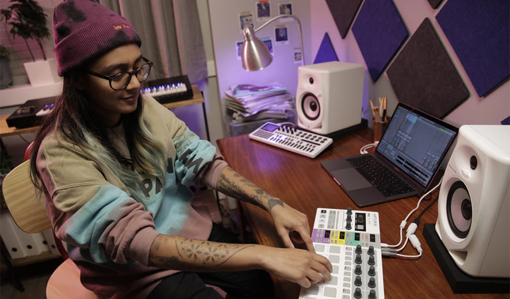 Pioneer DJ DM-50D-BT desktop monitors, in use